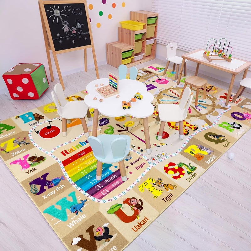 B BENRON Kids Rugs for Playroom Washable, Educational and Fun Learning Rugs with ABC Alphabet Animals Shapes, Baby Toddler Children's Play Mat for Bedroom Classroom Nursery, 5x7 Feet, Beige and Pink - Image 5